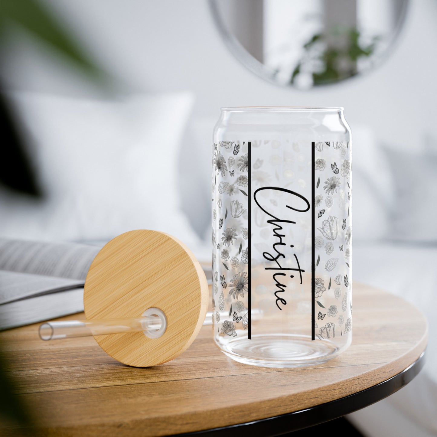 Personalizable Butterfly Flower Garden Glass Can 16oz Custom Butterfly Bridesmaid Gift Personalize Party Event Favor Just Because Summer Drinkware