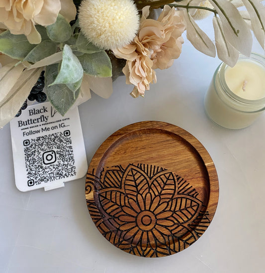 Walnut Wood Coaster Tray for Candle, Jewelry and Trinket with Engraved Mandala, Hibiscus and Sweet Treats