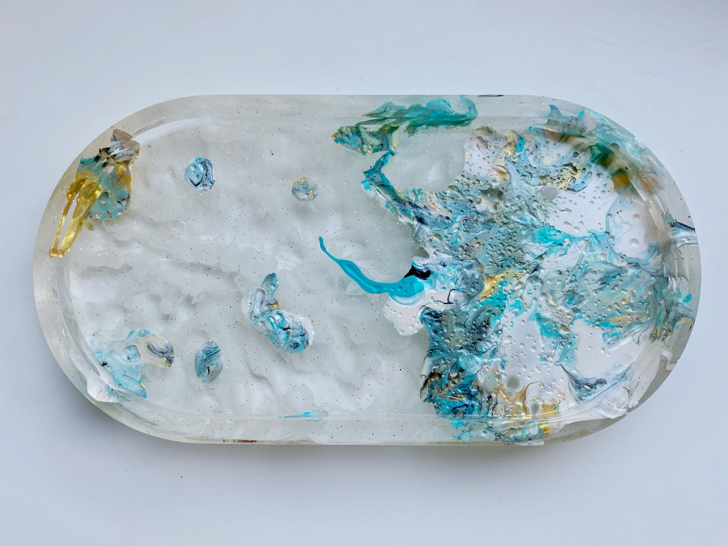 Abstract Turquoise White and Gold Oval Resin Tray Desk Organization