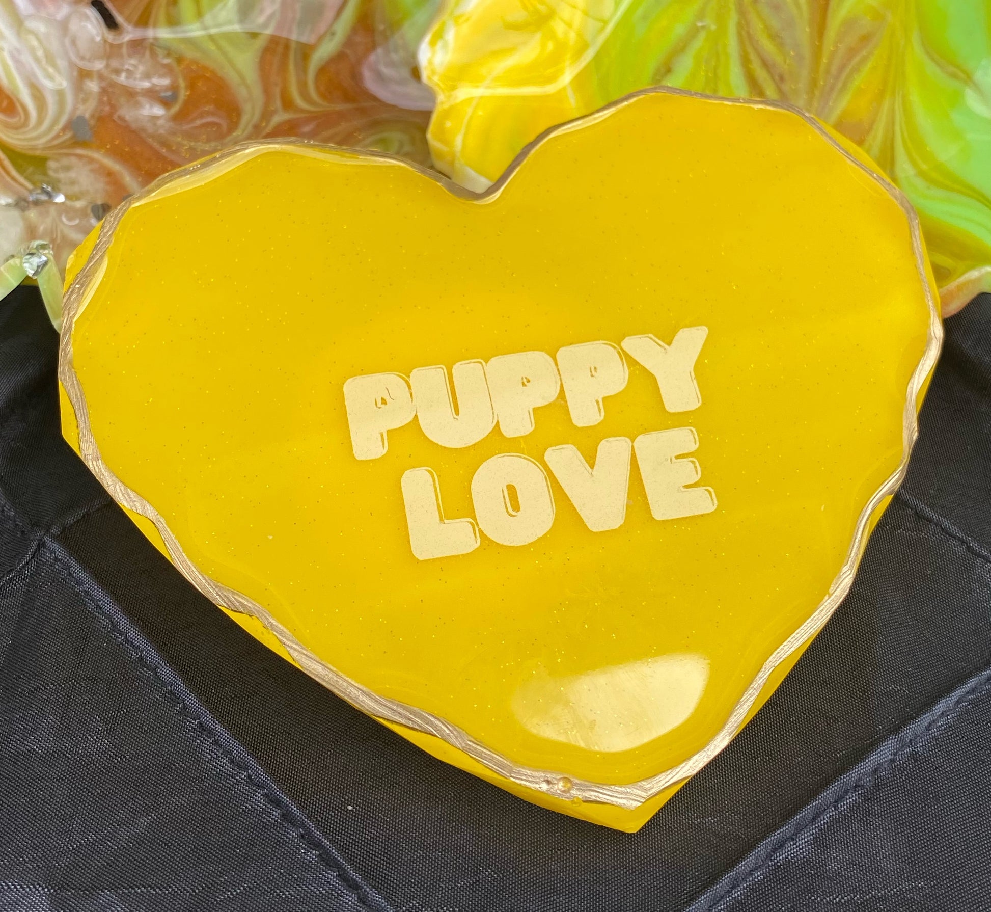 Puppy love canary yellow resin coaster heart 5 inch includes personalized or generic message