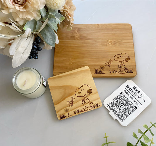 Snoopy & Woodstock Best Friends Bamboo Candle Board & Wood Coaster