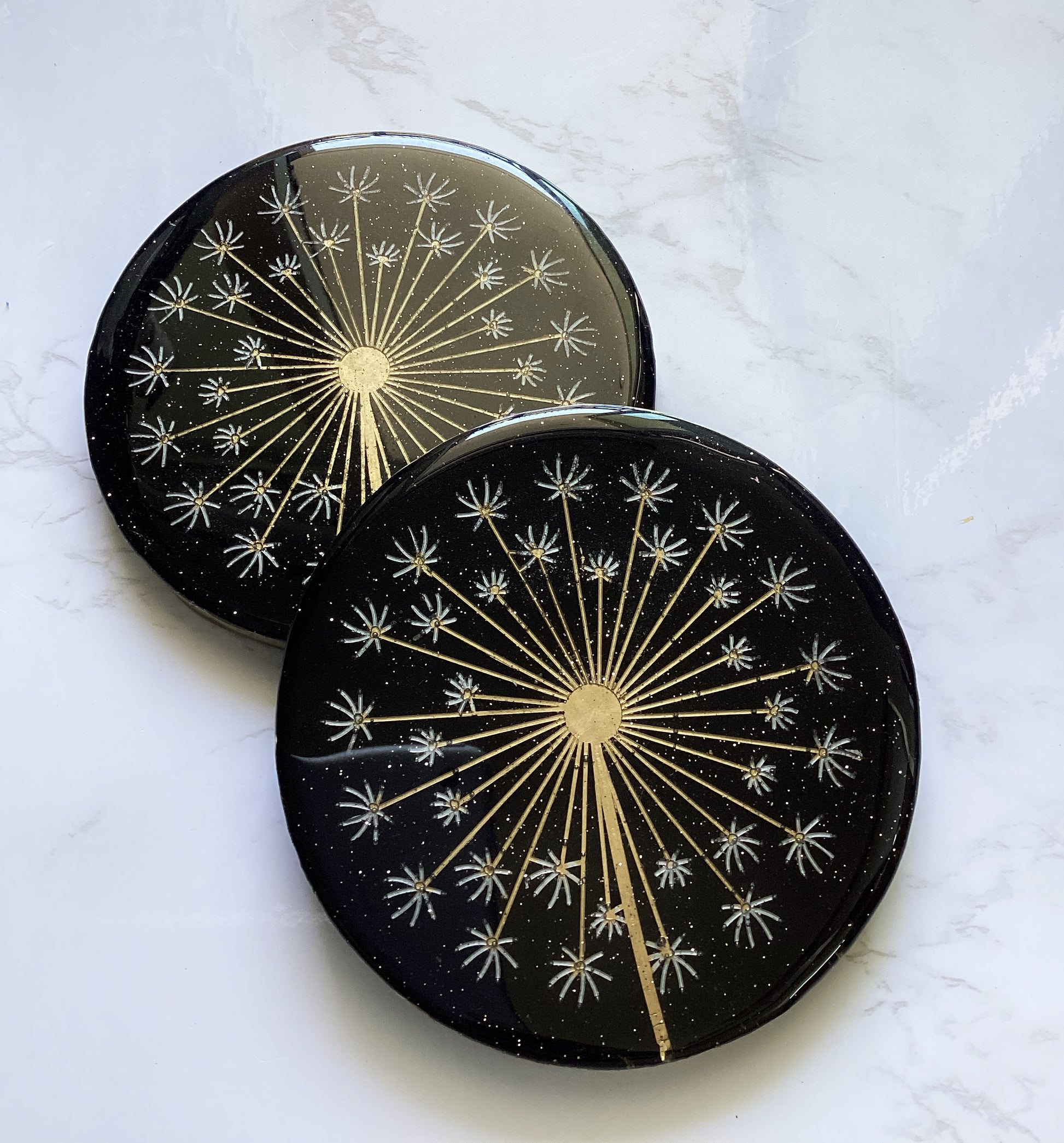 Dandelion Flower Black and Gold Resin Accent Decor Coaster Set