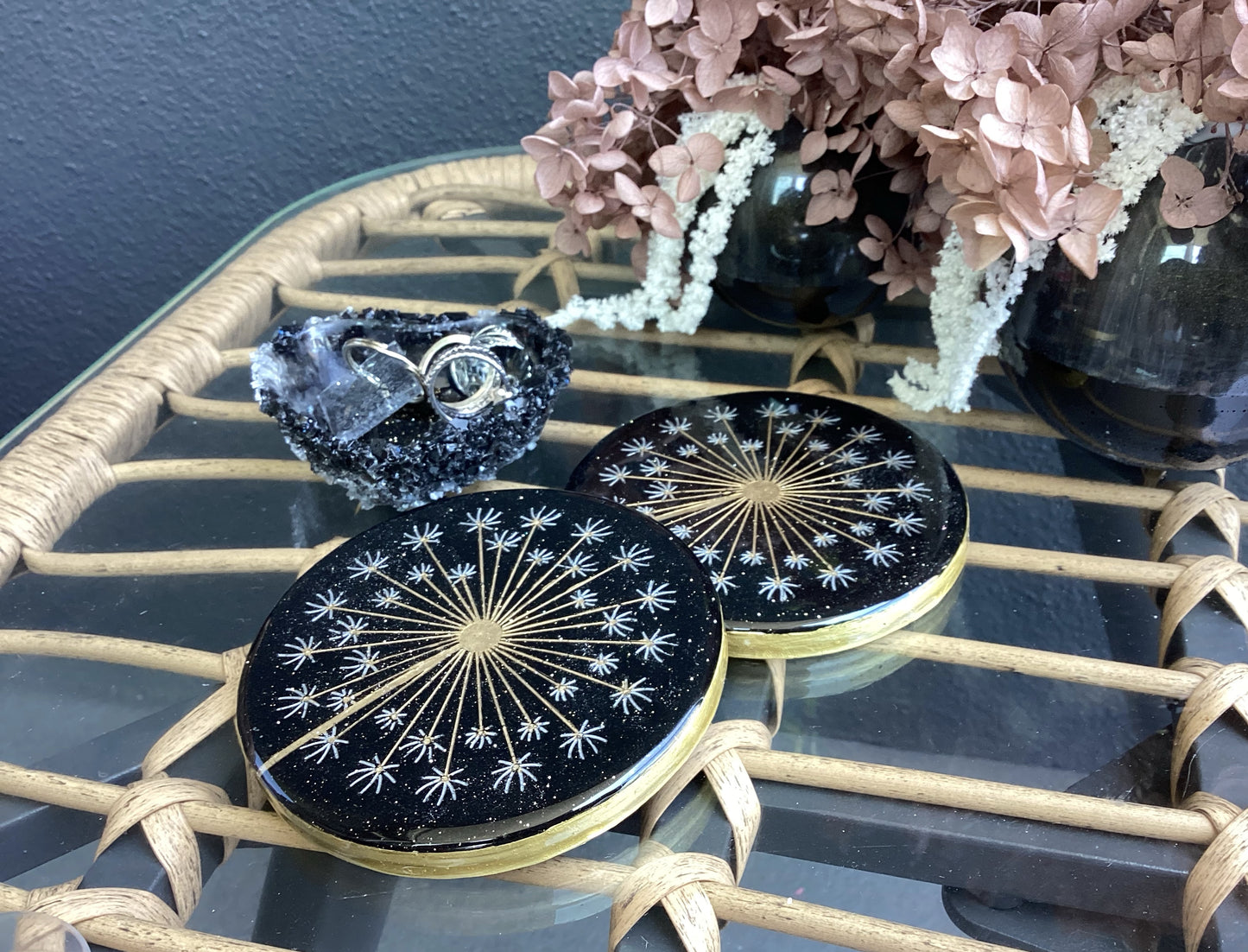 Dandelion Flower Black Resin Coasters