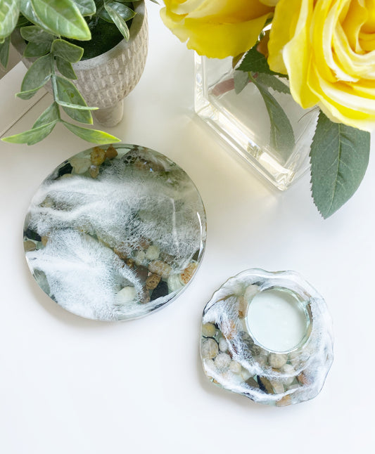 River Rock Resin Tray Candle Holder